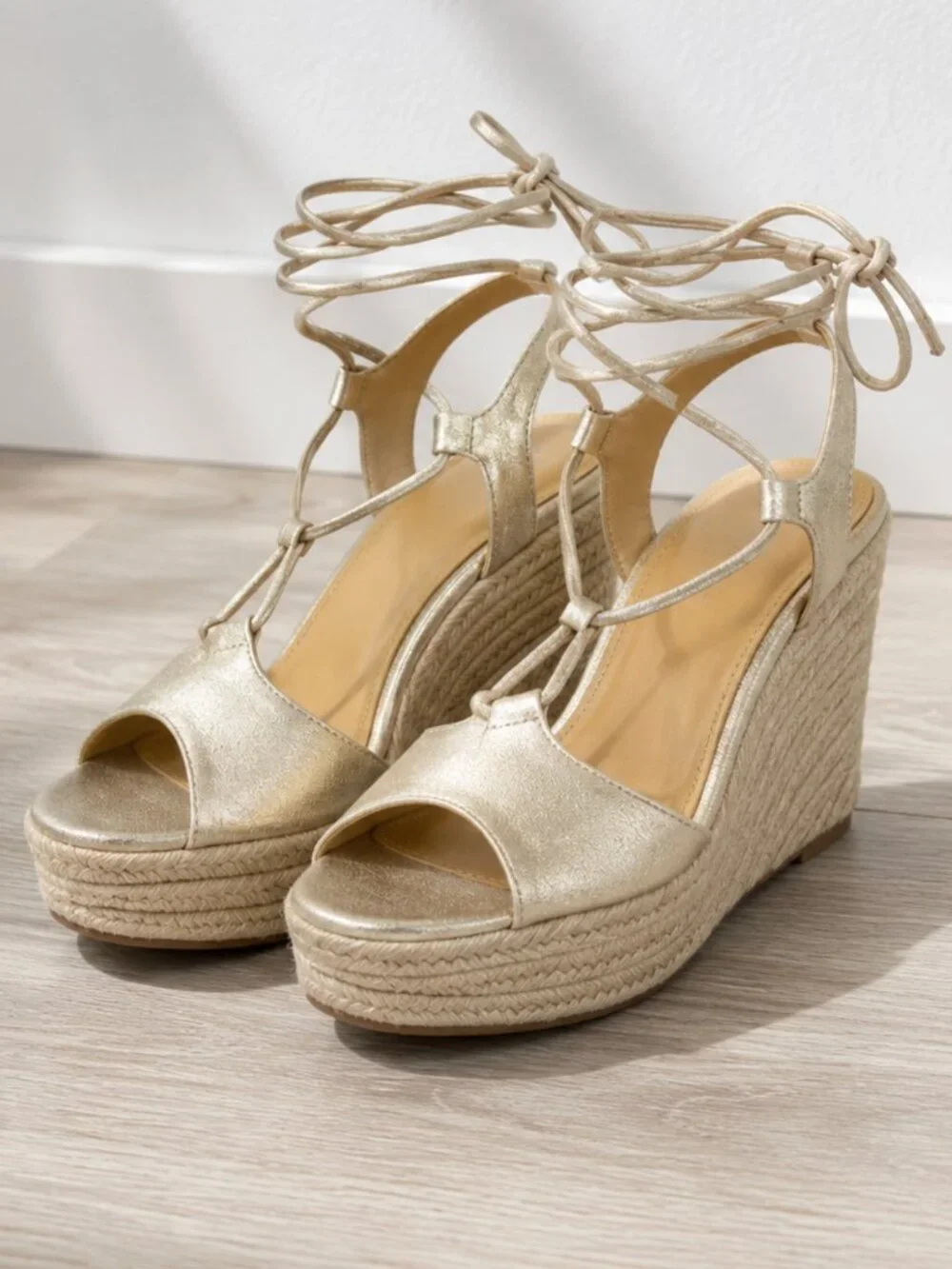 Splendid Fianna Gold Metallic Leather Lace-Up Espadrille Wedges Women's 6.5
